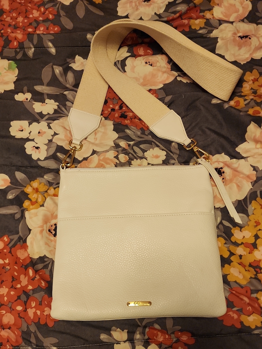 GiGi New York Cream Pebbled Crossbody with Wide Canvas Strap
